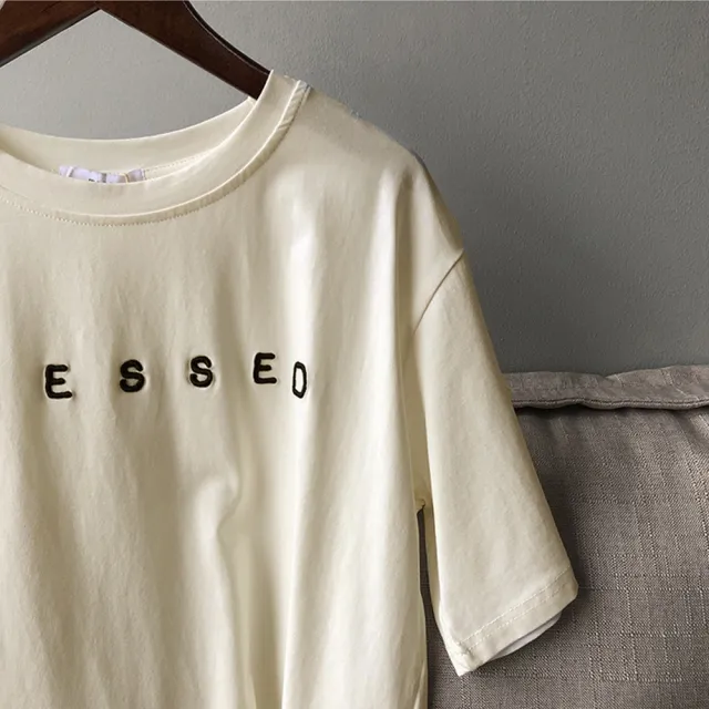 【那木】刺繡字母寬鬆百搭T恤(韓版純棉圓領短袖上衣)