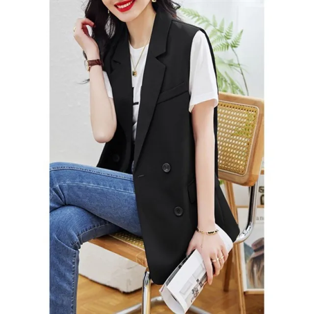 【Very Buy 非常勸敗】西裝背心女高級感氣質百搭寬鬆無袖坎肩後背雙開叉小背心西裝外套