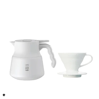 【HARIO】純白系列 V60白色01磁石濾杯 + V60不鏽鋼保溫咖啡壺白PLUS 600(咖啡壺 濾杯 簡約)