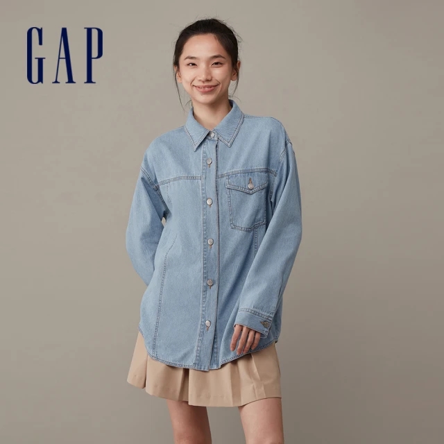 GAP 女裝 純棉翻領長袖牛仔襯衫-淺藍色(841092)