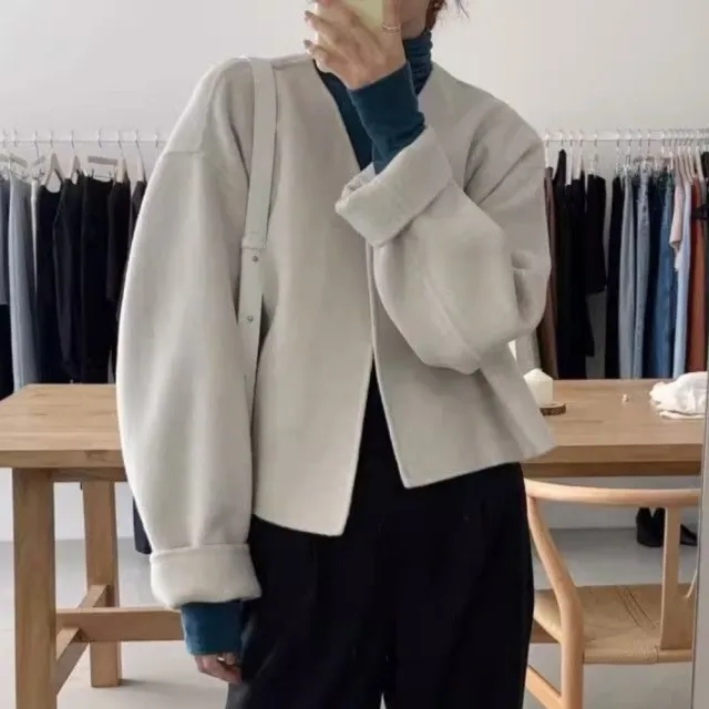 【LANNI 藍尼】★V領韓系毛感開襟外套(寬鬆/通勤/OL/約會)