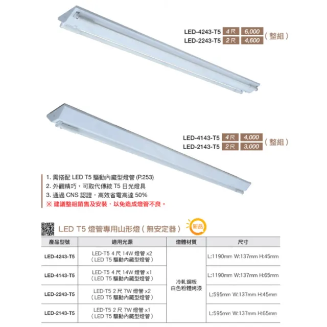 【DanceLight 舞光】單入組 T5 LED 2尺 單管 山形燈具 山型燈具(白光/黃光)