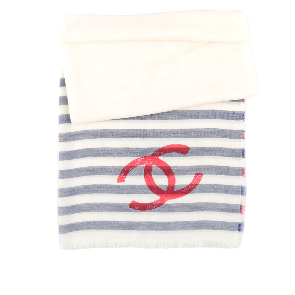 【CHANEL 香奈兒】Logo 紅藍條紋莫代爾棉及羊毛混絲圍巾/披肩(白色)