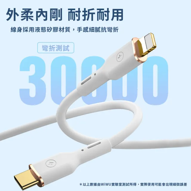 【WiWU】30W Type-C to Lightning 2米 元氣系列矽膠PD快充充電線(YQ03 不易打結矽膠材質)