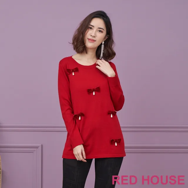 【RED HOUSE 蕾赫斯】蝴蝶節點綴長版針織衫(共2色)