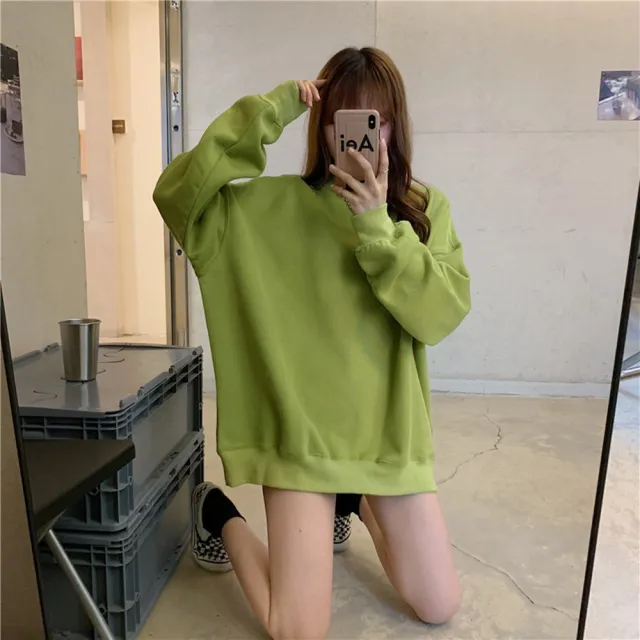 【D.studio】韓版中長款寬鬆內刷毛長袖上衣(大學T女裝衣服寬鬆上衣顯瘦上衣長袖t恤冬裝發熱衣 W466)