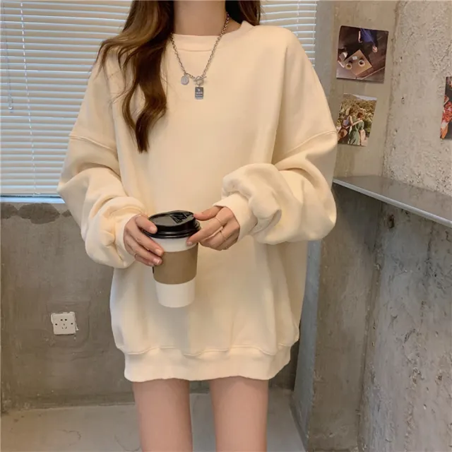【D.studio】韓版中長款寬鬆內刷毛長袖上衣(大學T女裝衣服寬鬆上衣顯瘦上衣長袖t恤冬裝發熱衣 W466)
