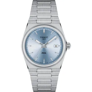 【TISSOT 天梭】PRX系列 70年代復刻石英女錶-冰藍/35mm 母親節 禮物 送禮(T1372101135100)
