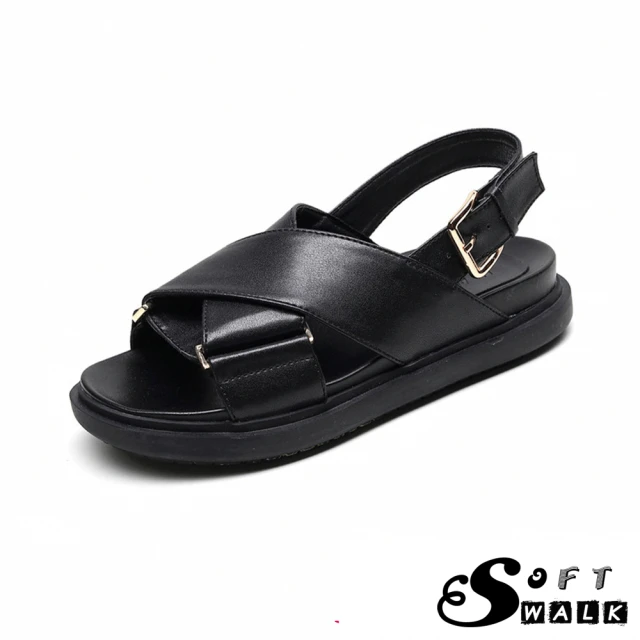 SOFT WALK 舒步SOFT WALK 舒步 真皮涼鞋 厚底涼鞋/真皮經典交叉設計厚底涼鞋(黑)