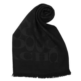 【COACH】經典大C LOGO羊毛蠶絲薄圍巾/披巾(黑色)