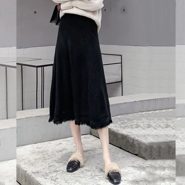 【Amirr 艾米爾】★高腰中長針織毛邊加厚A字裙(女上衣/長裙/保暖)