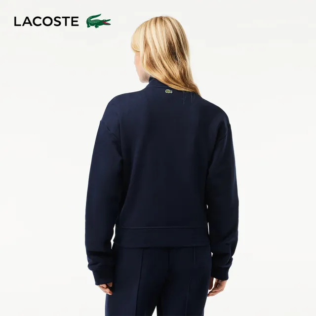 【LACOSTE】女裝-高領拉鍊抓絨運動衫(海軍藍)