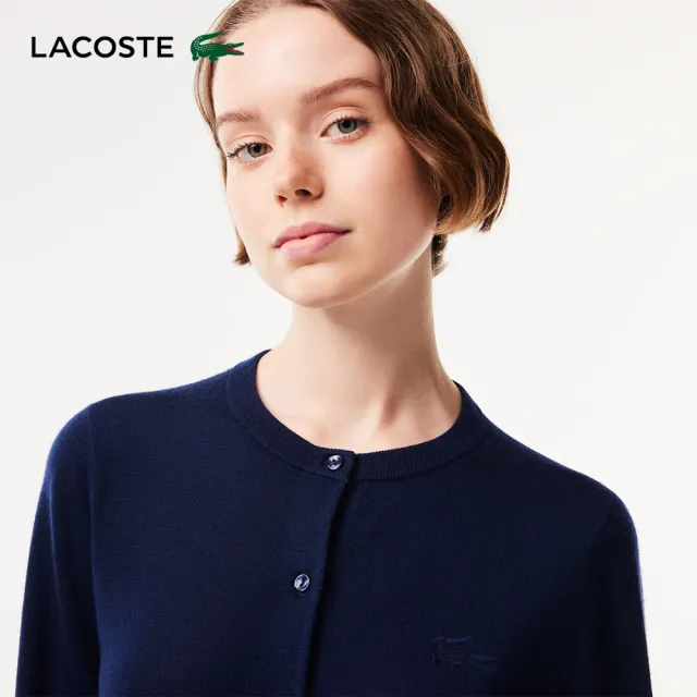 【LACOSTE】女裝-圓領開襟長袖羊毛衫(海軍藍)