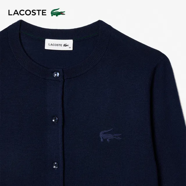 【LACOSTE】女裝-圓領開襟長袖羊毛衫(海軍藍)