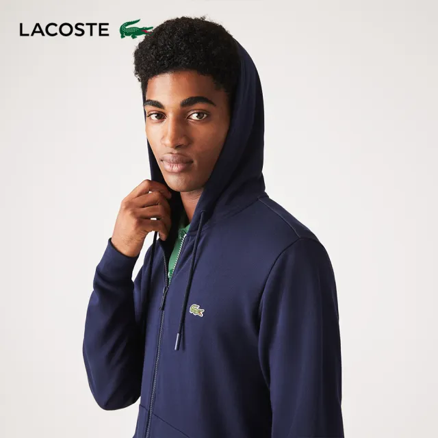 【LACOSTE】男裝-有機棉拉鍊連帽外套(海軍藍)