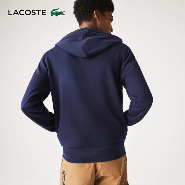 【LACOSTE】男裝-有機棉拉鍊連帽外套(海軍藍)