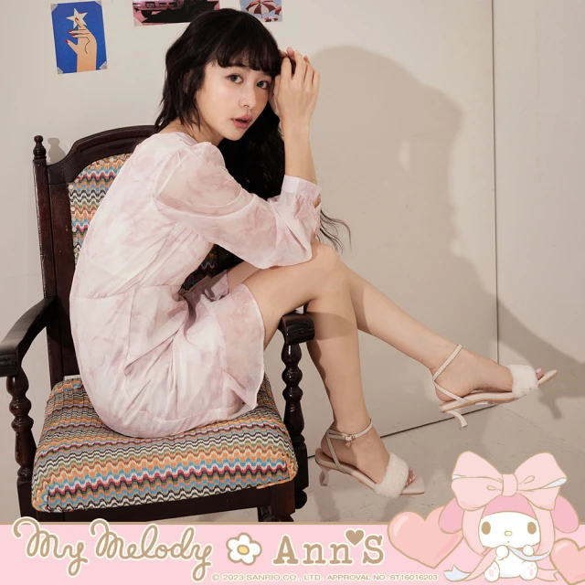 【Ann’S】My melody X Ann’S美樂蒂日系派對 舒適低跟毛毛一字涼鞋4cm(米白)