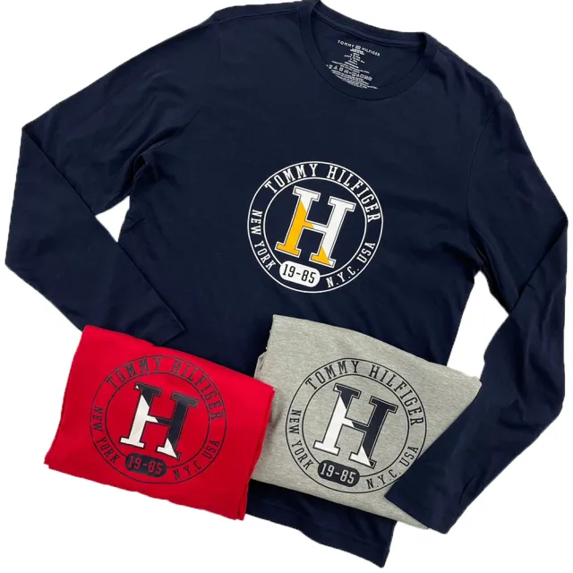 【Tommy Hilfiger】三色 薄長袖 純棉 大尺碼 長袖 上衣  T恤 長T 平輸品(藍 灰 紅 三色 長袖9298BI4)