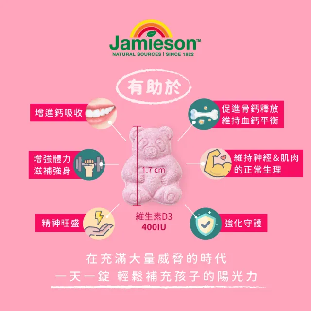 【Jamieson 健美生】維生素D3咀嚼錠 草莓風味小熊造型一入100錠(鈣吸收 孕婦可用 桃金日)