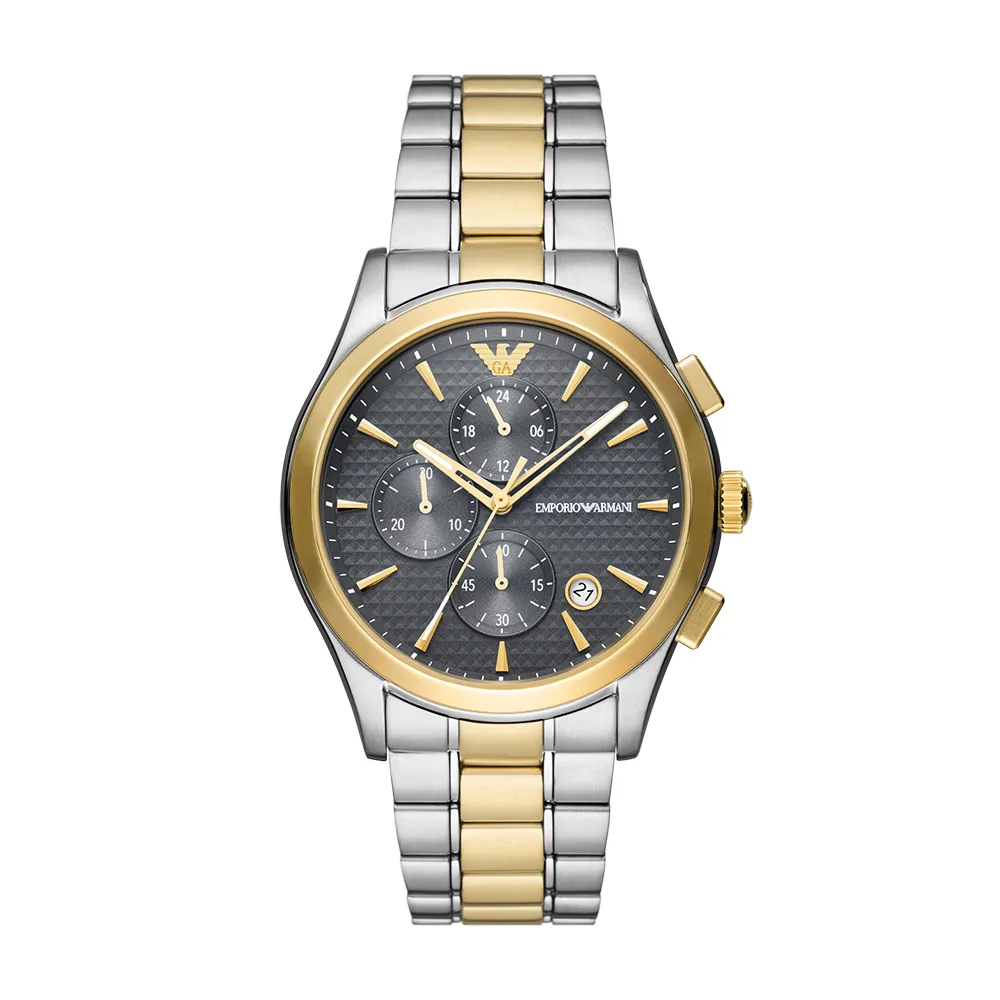 【EMPORIO ARMANI 官方直營】Paolo 輝煌紳士計時手錶 銀色 x 金色不鏽鋼鍊帶 42MM AR11527
