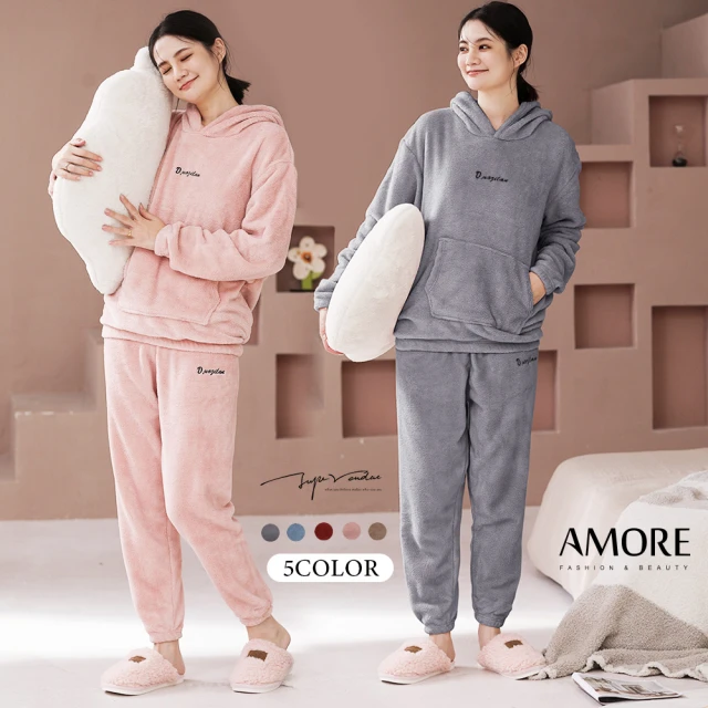 Amore 秋冬蓄熱保暖刷毛暖暖連帽睡衣居家服套裝(親膚舒適居家服)