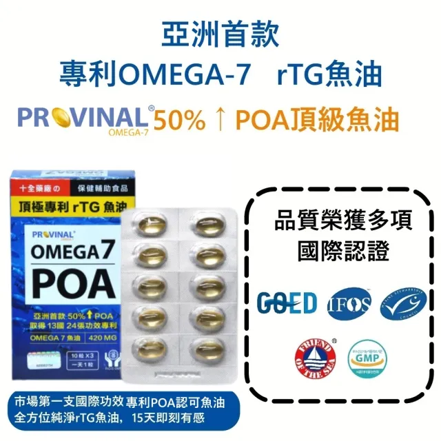 【十全藥品】美國頂極專利rTG深海魚油 Provinal Omega7 POA魚油(30顆x1盒 增強代謝 水潤晶亮 母親節禮物)
