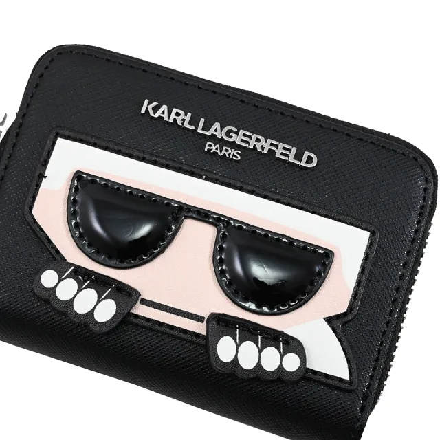 【KARL LAGERFELD 卡爾】簡約老佛爺公仔信用卡多層風琴式零錢包(黑銀)
