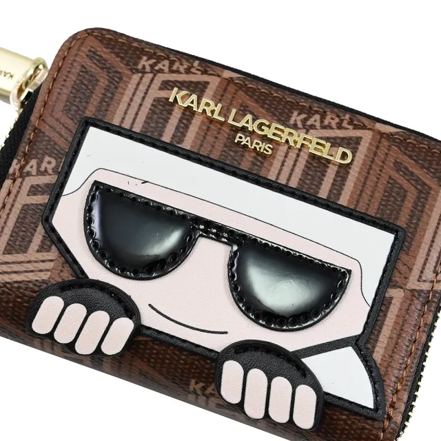 【KARL LAGERFELD 卡爾】老佛爺公仔幾何信用卡多層風琴式零錢包(咖)