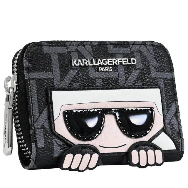【KARL LAGERFELD 卡爾】老佛爺公仔印花信用卡多層風琴式零錢包(黑灰)