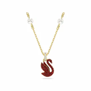 【SWAROVSKI 官方直營】Swan 鏈墜 水晶珍珠 天鵝 細碼 紅色 鍍金色色調(交換禮物)