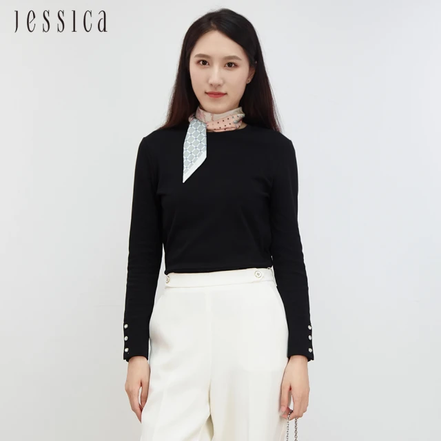 JESSICA 簡約百搭圓領棉質長袖T恤J30532（黑）