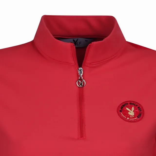 【PLAYBOY GOLF】女款反光千鳥剪接下襬羅紋立領長袖POLO衫-紅(吸濕排汗/蓄熱保溫/高爾夫球衫/KA23226-18)
