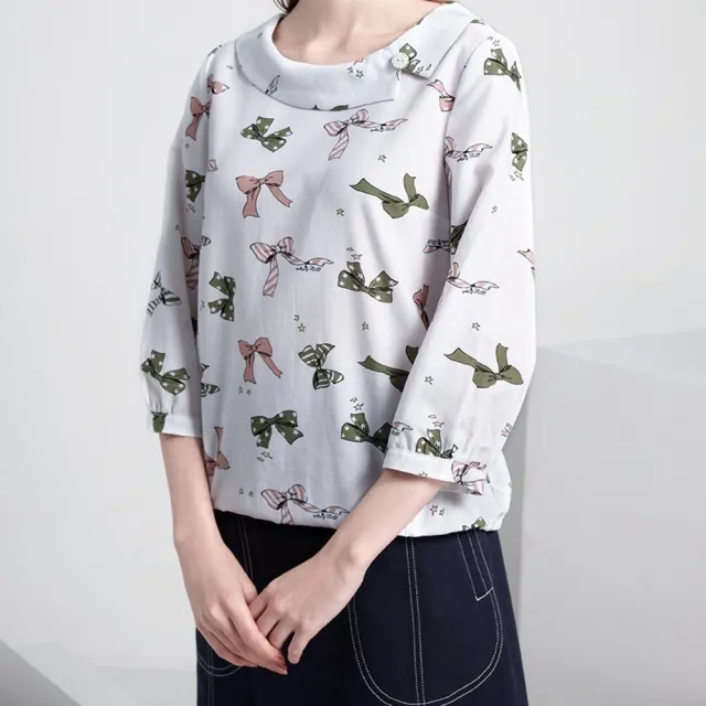 【JIN HWA 今譁】韓系印花優雅造型領上衣T6031(韓系 印花 優雅 造型領 上衣)