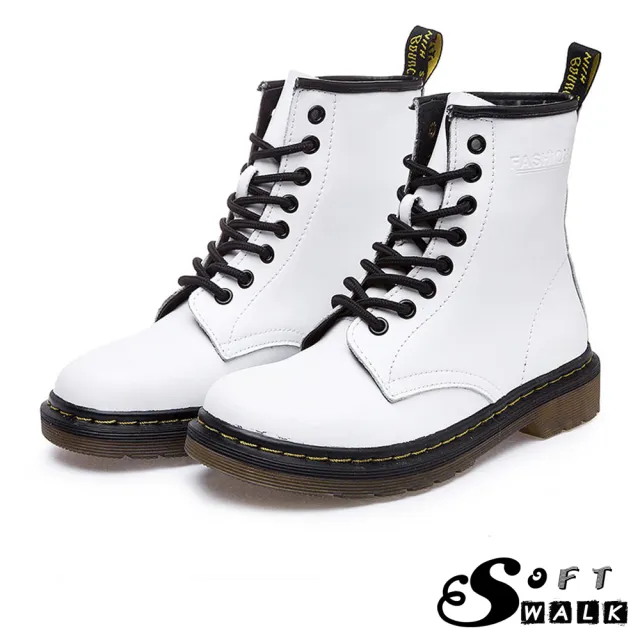 【SOFT WALK 舒步】歐美經典款8孔綁帶真皮馬丁靴 短靴 工程靴(白)