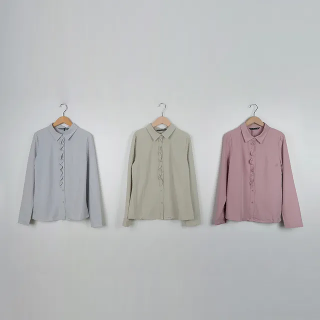 【MASTINA】修身荷葉裝飾素面正裝長袖襯衫(白 粉 綠 灰/魅力商品)