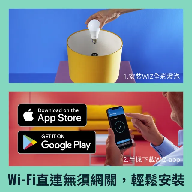 【Philips 飛利浦】Wi-Fi WiZ 智慧照明 全彩燈泡2入+搖控器(PW04N)