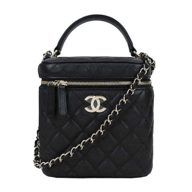 【CHANEL 香奈兒】經典雙C LOGO菱格紋小牛皮化妝/兩用包(黑色)