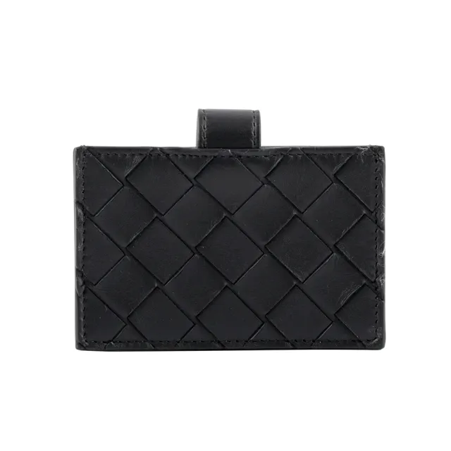 【BOTTEGA VENETA 寶緹嘉】小牛皮編織風琴式壓釦卡片夾(黑色)