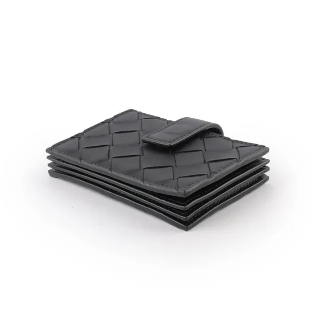 【BOTTEGA VENETA 寶緹嘉】小牛皮編織風琴式壓釦卡片夾(黑色)