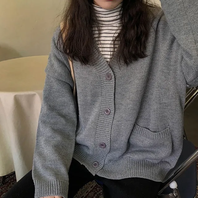 【D.studio】韓版學院風甜美V領針織外套(上衣 女裝 衣服 外套 長袖上衣 毛衣 針織上衣 J287)