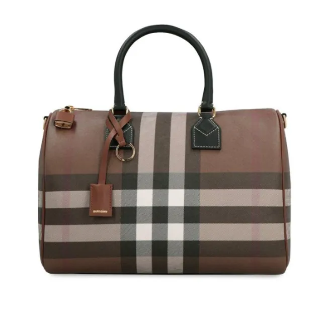 【BURBERRY 巴寶莉】經典格紋皮革中型手提/斜背包(暗樺木棕色)