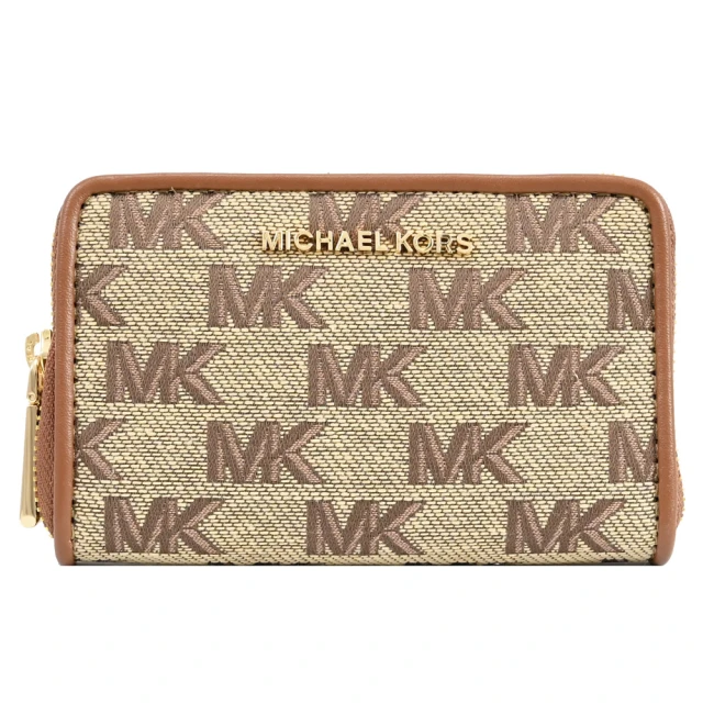 Michael Kors 經典滿版MK緹花布信用卡多層零錢包簡易短夾(駝咖)