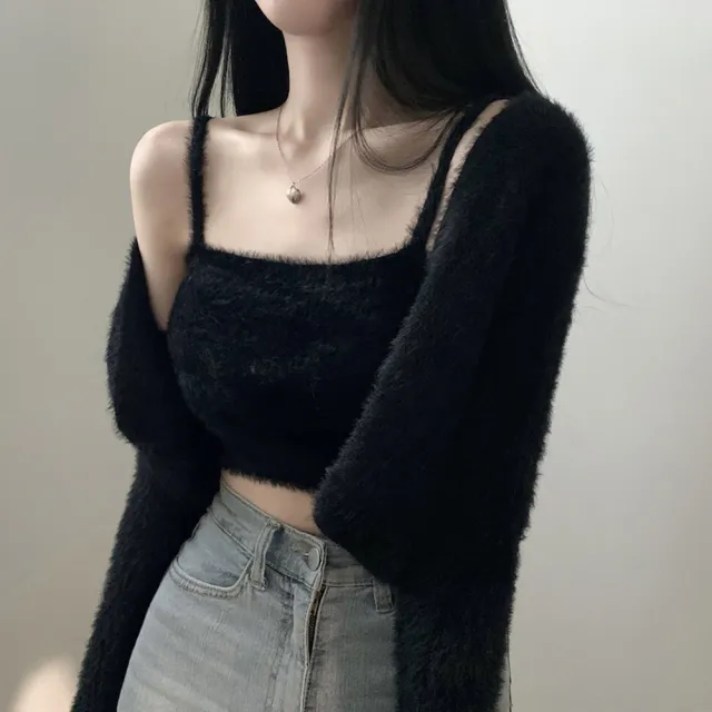 【D.studio】韓版氣質軟糯毛絨絨兩件式毛衣外套+背心(套裝女裝衣服外套長袖小可愛女裝衣服 J234)