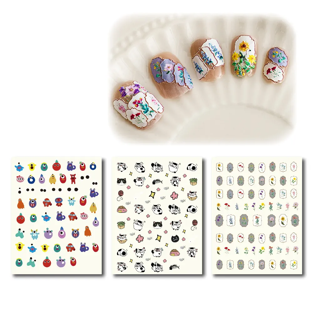 【花貓怪獸】立體浮雕可愛美甲貼紙3入(光療指甲 DIY 童趣 指甲貼紙 彩繪 造型美甲 裝飾 卡通貼紙)