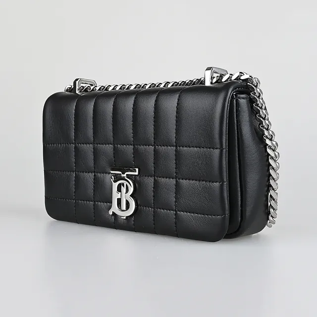 【BURBERRY 巴寶莉】LOLA TB logo格紋縫線小羊皮鏈帶斜背包(迷你/黑)