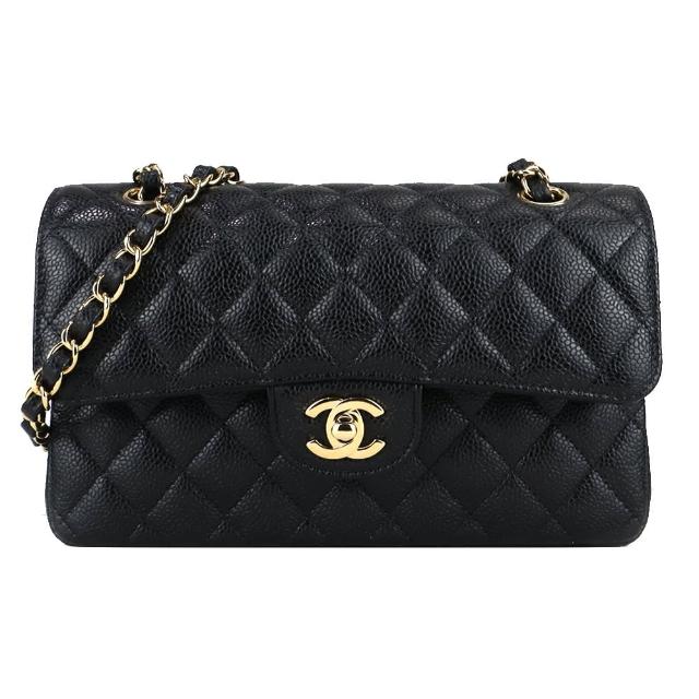 【CHANEL 香奈兒】經典LOGO菱格紋小牛皮鏈帶肩背/斜背包(黑色/23CM)