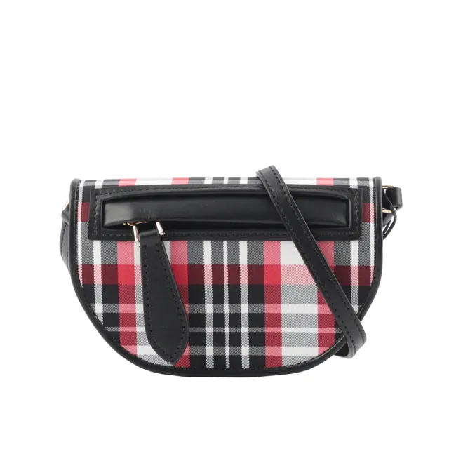 【BURBERRY 巴寶莉】Olympia 牛皮拼帆布格紋附可拆背帶卡片夾(黑色/紅色)