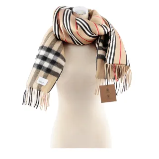 【BURBERRY 巴寶莉】經典格紋與標誌條紋雙面可用羊毛圍巾(經典米色)
