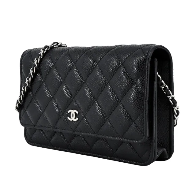 【CHANEL 香奈兒】經典雙C LOGO菱格紋小牛皮WOC手拿/斜背包(黑色)