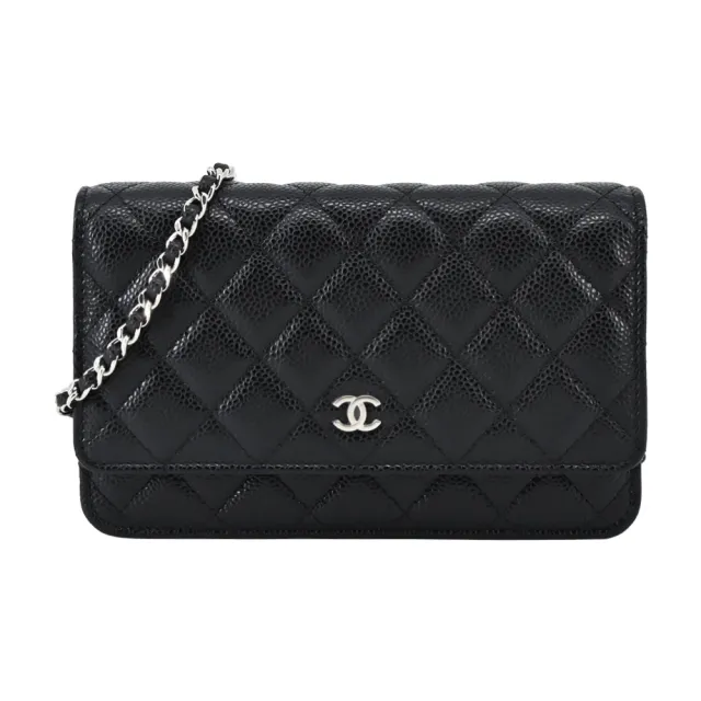 【CHANEL 香奈兒】經典雙C LOGO菱格紋小牛皮WOC手拿/斜背包(黑色)